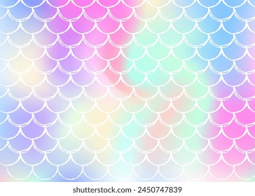 Gradient scale background with holographic mermaid. Bright color transitions. Fish tail banner and invitation. Underwater and sea pattern for girlie party. Futuristic backdrop with gradient scale.