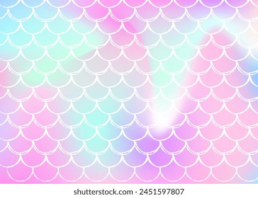 Gradient scale background with holographic mermaid. Bright color transitions. Fish tail banner and invitation. Underwater and sea pattern for girlie party. Neon backdrop with gradient scale.