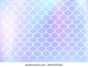 Fondo de escala de gradiente con sirena holográfica. Transiciones de color brillantes. Anuncio de cola de pescado e invitación. Patrón submarino y marino para fiesta de chicas. Fondo de arco iris con escala de degradado.