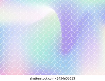 Gradient scale background with holographic mermaid. Bright color transitions. Fish tail banner and invitation. Underwater and sea pattern for girlie party. Futuristic backdrop with gradient scale.