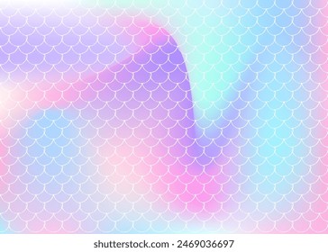 Gradient scale background with holographic mermaid. Bright color transitions. Fish tail banner and invitation. Underwater and sea pattern for girlie party. Futuristic backdrop with gradient scale.