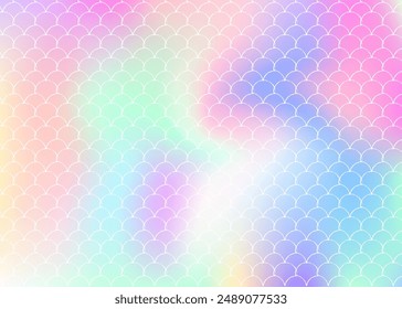 Gradient scale background with holographic mermaid. Bright color transitions. Fish tail banner and invitation. Underwater and sea pattern for girlie party. Trendy backdrop with gradient scale.
