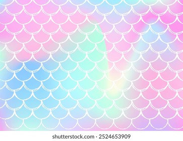 Gradient scale background with holographic mermaid. Bright color transitions. Fish tail banner and invitation. Underwater and sea pattern for girlie party. Trendy backdrop with gradient scale.