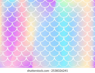 Gradient scale background with holographic mermaid. Bright color transitions. Fish tail banner and invitation. Underwater and sea pattern for girlie party. Stylish backdrop with gradient scale.