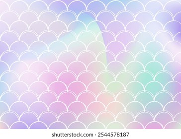 Gradient scale background with holographic mermaid. Bright color transitions. Fish tail banner and invitation. Underwater and sea pattern for girlie party. Trendy backdrop with gradient scale.