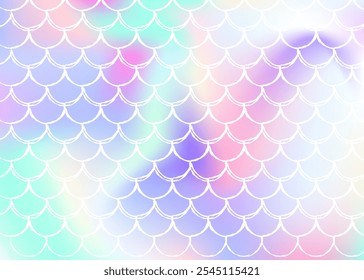 Gradient scale background with holographic mermaid. Bright color transitions. Fish tail banner and invitation. Underwater and sea pattern for girlie party. Bright backdrop with gradient scale.