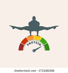 Gradient scale. Protein level measuring device icon. Sign tachometer, speedometer, indicators. Infographic gauge element. Silhouette of muscular man