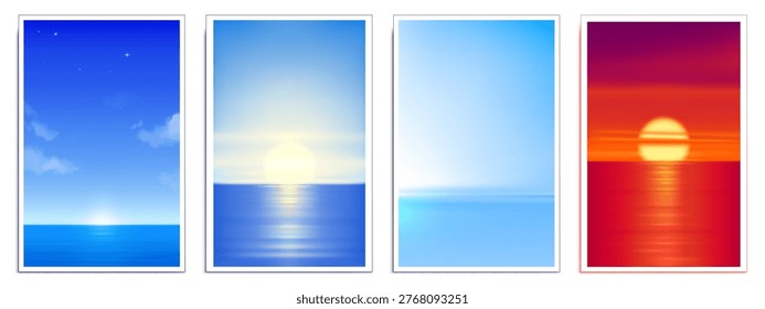 Gradient sea blurred posters with sunset and night starry sky, abstract vector summer background with vibrant blue ocean and warm orange sun, minimalist beach cards, morning, evening scenes
