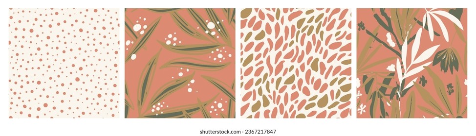 Gradient Seamless Abstract Plant Illustration Set. Pink Continuous Creative Isolated Style, Seamless Collection. Green Repeated Elegant Beauty Watercolor Art. 