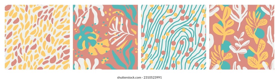 Gradient Seamless Color Bloom Shape Backdrop. White Repeated Contemporary Plant Invitation, Seamless Set. Green Seamless Summer Foliage Lines Collection. 