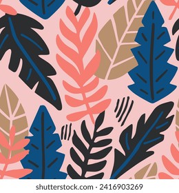 Gradient Seamless Nature Palm Artwork Print. Orange Seamless Fashion Vintage Paint, Seamless Wallpaper. Blue Repeated Doodle Garden Element Background. 