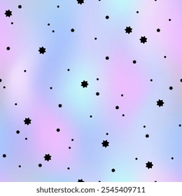 Gradient seamless pattern with black stars. Pearlescent vector background. 