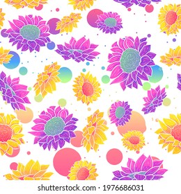Gradient seamless pattern with colorful sunflowers and daisies. Rainbow floral repeat background with flowers. Repetitive summer texture with botany motifs.