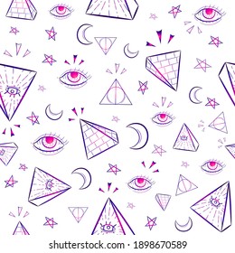 Gradient seamless pattern with occult illuminati symbols. Repetitive occult and conspiracy background with triangles, eyes, moon and stars.