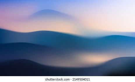 Gradient seascape. Landscape mountain in fog. Vector wavy background. Blurry volumetric silhouettes of hills. Colorful abstract wallpaper