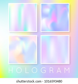 Gradient set with holographic mesh. Colorful abstract gradient set backdrops. 90s, 80s retro style. Iridescent graphic template for brochure, flyer, poster, wallpaper, mobile screen.