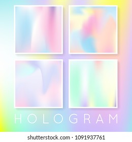 Gradient set with holographic mesh. Colorful abstract gradient set backdrops. 90s, 80s retro style. Pearlescent graphic template for brochure, flyer, poster, wallpaper, mobile screen.