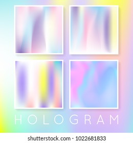 Gradient set with holographic mesh. Liquid abstract gradient set backdrops. 90s, 80s retro style. Pearlescent graphic template for brochure, flyer, poster, wallpaper, mobile screen.