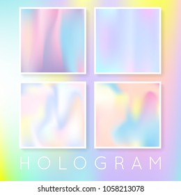 Gradient set with holographic mesh. Liquid abstract gradient set backdrops. 90s, 80s retro style. Pearlescent graphic template for brochure, flyer, poster, wallpaper, mobile screen.