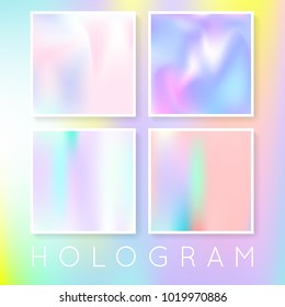 Gradient set with holographic mesh. Minimal abstract gradient set backdrops. 90s, 80s retro style. Iridescent graphic template for banner, flyer, cover, mobile interface, web app.