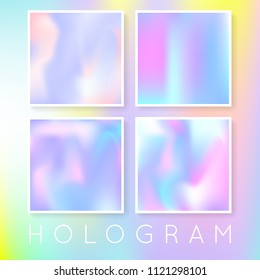 Gradient set with holographic mesh. Multicolor abstract gradient set backdrops. 90s, 80s retro style. Pearlescent graphic template for brochure, flyer, poster, wallpaper, mobile screen.