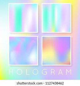 Gradient set with holographic mesh. Multicolor abstract gradient set backdrops. 90s, 80s retro style. Iridescent graphic template for brochure, flyer, poster, wallpaper, mobile screen.
