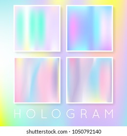 Gradient set with holographic mesh. Plastic abstract gradient set backdrops. 90s, 80s retro style. Iridescent graphic template for banner, flyer, cover, mobile interface, web app.