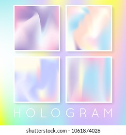 Gradient set with holographic mesh. Plastic abstract gradient set backdrops. 90s, 80s retro style. Pearlescent graphic template for brochure, flyer, poster, wallpaper, mobile screen.