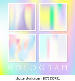 Gradient set with holographic mesh. Plastic abstract gradient set backdrops. 90s, 80s retro style. Pearlescent graphic template for brochure, flyer, poster, wallpaper, mobile screen.