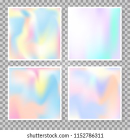 Gradient set with holographic mesh. Plastic abstract gradient set backdrops. 90s, 80s retro style. Pearlescent graphic template for brochure, flyer, poster, wallpaper, mobile screen.