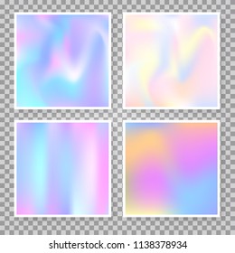 Gradient set with holographic mesh. Stylish abstract gradient set backdrops. 90s, 80s retro style. Iridescent graphic template for brochure, flyer, poster, wallpaper, mobile screen.