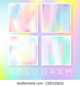 Gradient set with holographic mesh. Trendy abstract gradient set backdrops. 90s, 80s retro style. Pearlescent graphic template for banner, flyer, cover, mobile interface, web app.