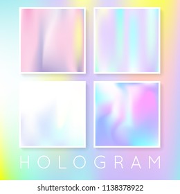 Gradient set with holographic mesh. Trendy abstract gradient set backdrops. 90s, 80s retro style. Pearlescent graphic template for brochure, flyer, poster, wallpaper, mobile screen.