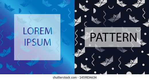 Gradient set (seamless pattern + text square template) with grey and blue paper boats. Concept for paper design, postcard and tour text. Modern set with abstract elements.