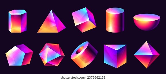 Objetos de forma degradados. Formas minimalistas de perspectiva moderna, formas abstractas coloridas geométricas. Colorido vector conjunto. Elementos de iconos futuristas, holográficos e iridiscentes aislados