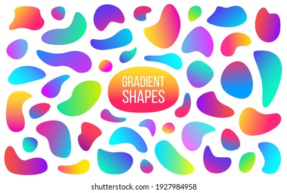 Colección de formas de degradado. Elementos de fluido orgánico. Diseño líquido moderno. Brillantes salpicaduras mínimas. Pintura de color abstracta. Burbujas holográficas dinámicas. Ilustración vectorial.