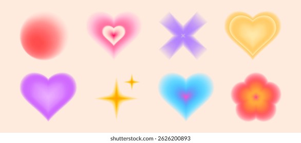 Formas de gradiente em cores vívidas y2k - coração e flor coloridos embaçados, brilho circular e estrela, formas cruzadas com efeito de desfoque suave. Elementos de design gráfico estético retro. Simples ícones desfocados.
