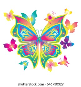 Gradient silhouette vector of a butterfly. A large arrangement of butterflies to decorate clothes and accessories. In the center is a large yellow-green butterfly, around the many small butterflies.