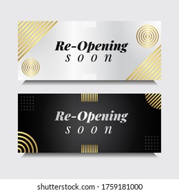 Gradient silver, gold and black re-opening soon banner template eps Vector Text Effect