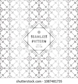 Gradient silver white seamless aztec pattern. Arrow geometric occult cosmic line art signs for fabric prints, surface textures, cloth design, wrapping paper. EPS10 vector backdrop. 