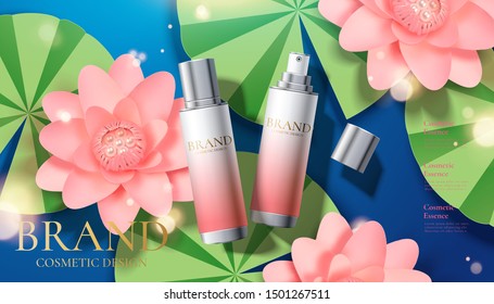 Gradient skincare spray ads on paper art lotus pond background in 3d illustration