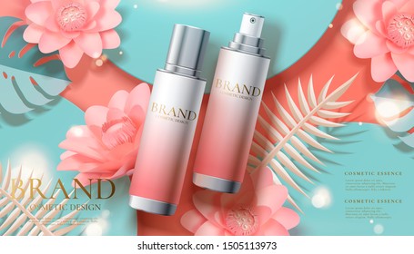 Gradient skincare spray ads on light blue and pink paper art background in 3d illustration