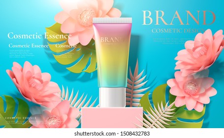 Gradient skincare tube ads on pink square podium with paper art flowers in 3d illustration