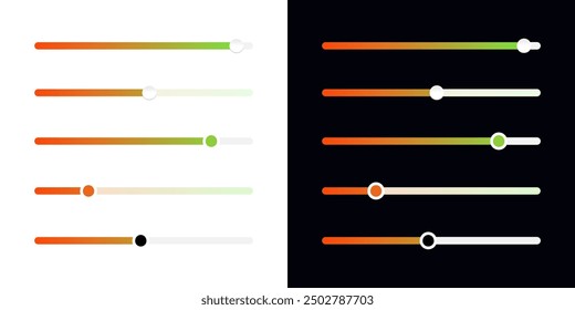 Vector de la barra de control deslizante degradado sobre fondo blanco y negro. Ilustración del controlador de ajuste de nivel de potencia. Panel de Configuraciones multimedia de interfaz de Web y App. Plantilla de nivel de potencia aislada.