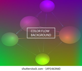 Gradient smooth mesh background. Original backdrop with multicolored balls connected to each other by straight segments. Simple muffled colors. Vector illustration layout. Green and violet template.