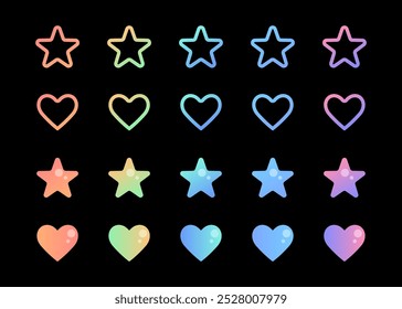 Gradient soft hearts and stars in bold and line variants, buttons, shapes, glossy signs and symbols. Vector design elements.