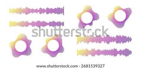 Gradient sound wave patterns with music audio frequencies in circular and linear designs for equalizer visualization. Colorful rhythm bars for podcast or streaming interface. Digital waveform set.