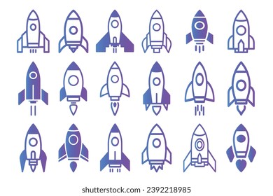Gradient space rocket icon set, symbol, innovation development technology, flat vector illustration  isolated on white background