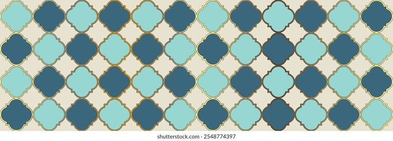 Gradient Sparkling Pattern. Vintage Geo Clover. Rich Arabesque Mosaic. Quatrefoil Arabic Ethnic Tesselation. Traditional Seamless Moroccan Frame. Geometric Trellis Tile. Cool Eastern Pattern.