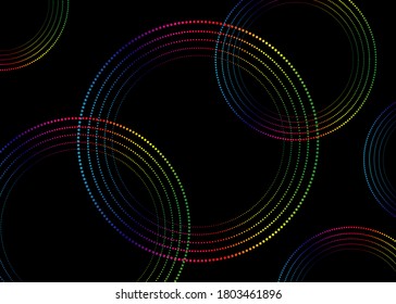 gradient spectrum dots in circles form background, intertwining of rounds . vector dotted frame with copy space for your text . Colorful design element isolated on black background
